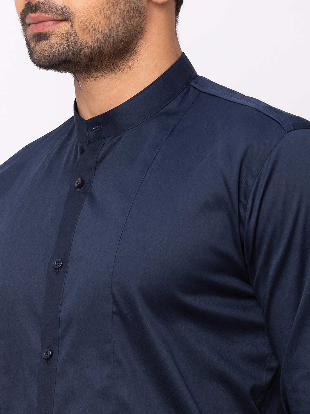 Navy Blue Formal Shirt with Mandarin Collar