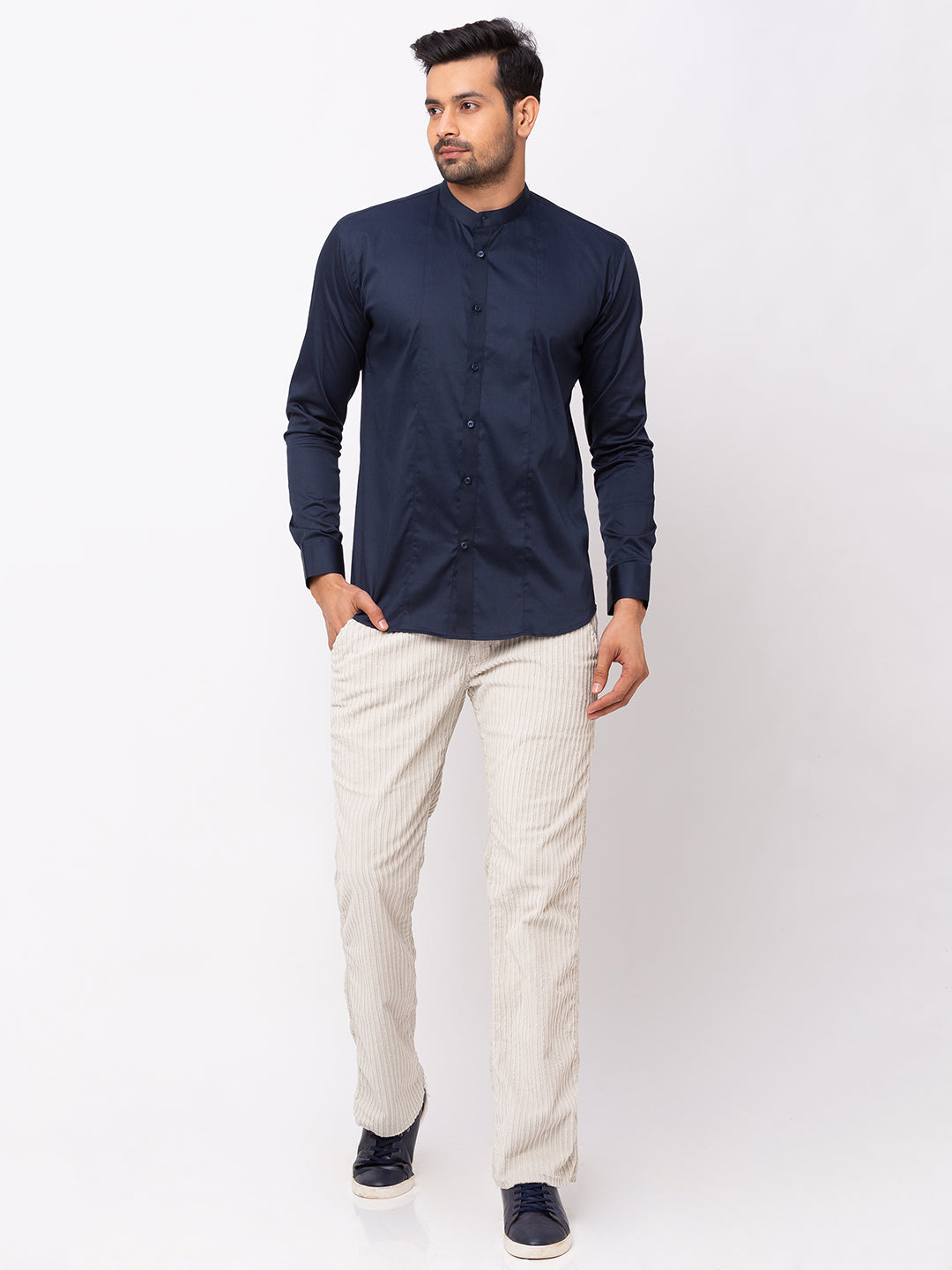 Navy Blue Formal Shirt with Mandarin Collar
