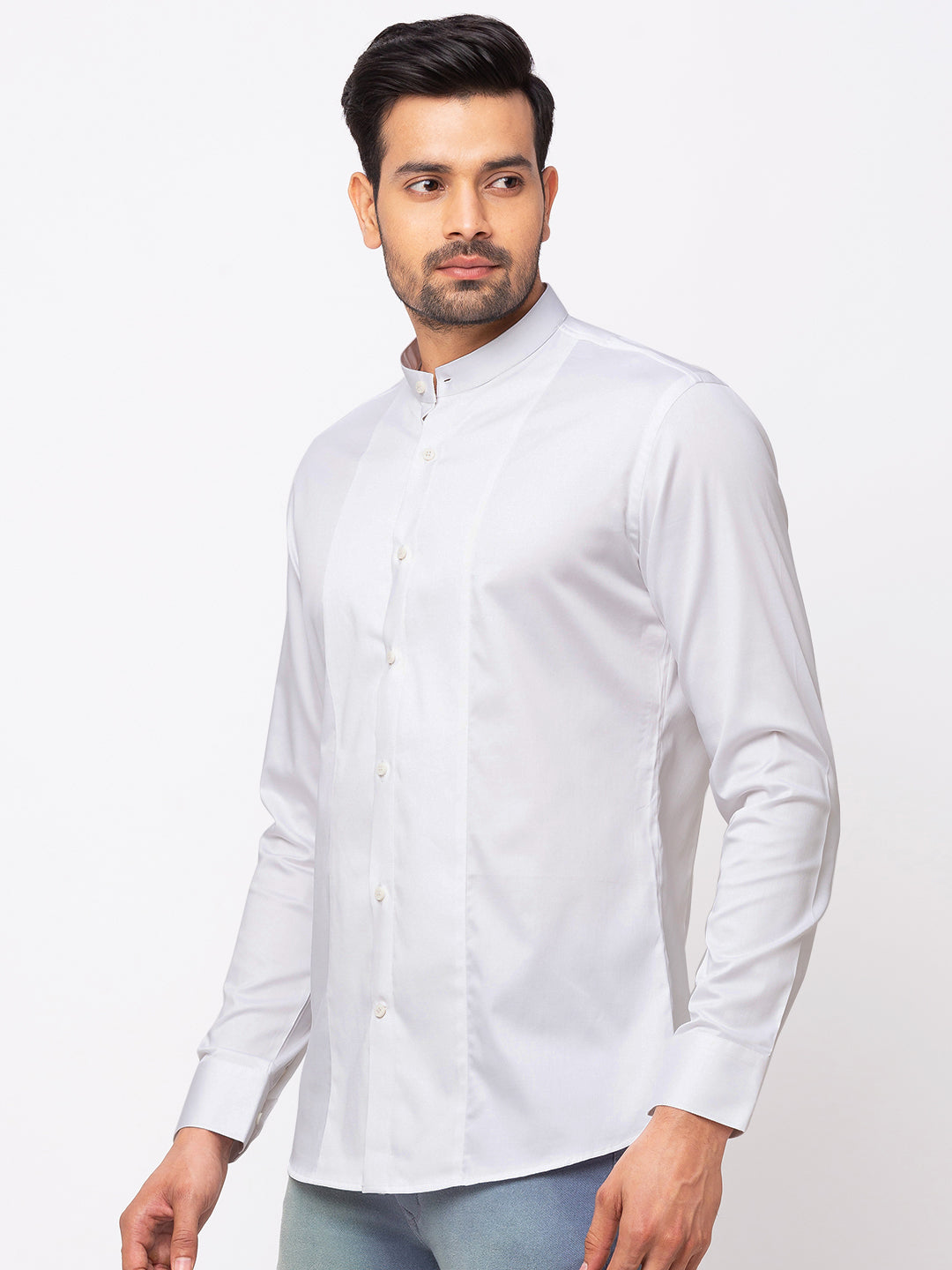 White Formal Shirt with Mandarin Collar